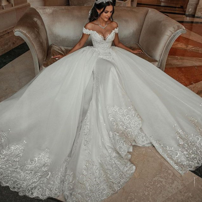 Elegant White Long Sleeves Wedding Gown Floral Lace Mermaid Bridal Gown with Detachable Train