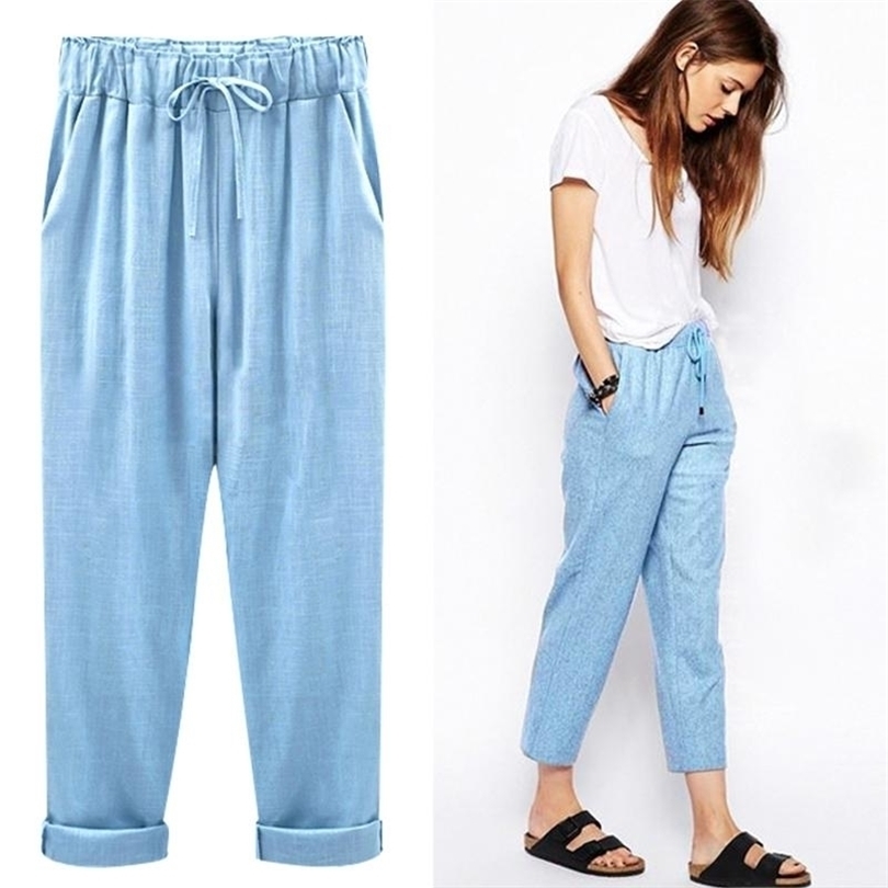 2019 Linen Pant Casual Womens Cotton Linen Elastic Waist Trousers Summer Wide Leg Pants for Women Large Plus Size Harem Pants T200319