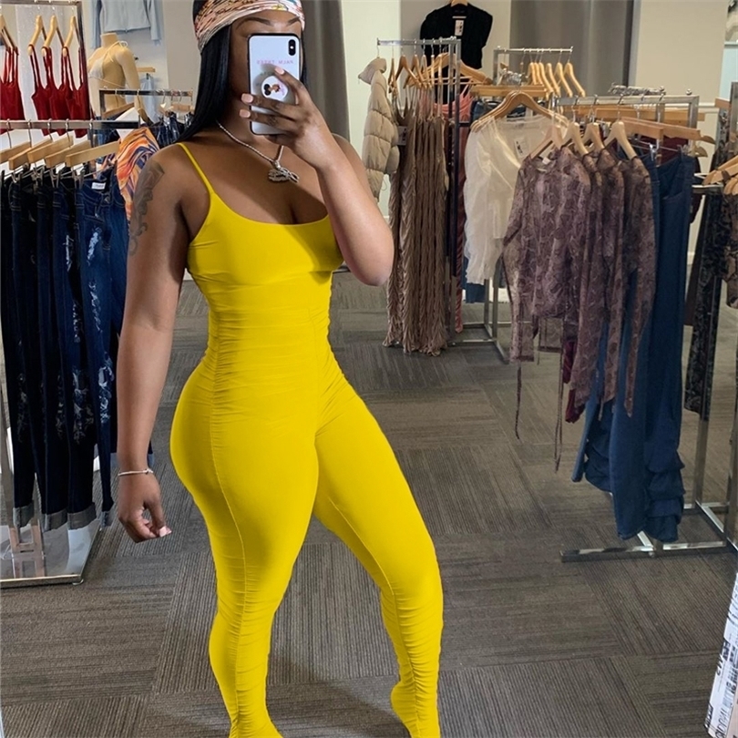 Tsuretobe Stacked Jumpsuit Women Skinny Rompers Sleeveless Spaghetti Strap Overalls Stacked Leggings Bodycon Club Outfits Female T200509