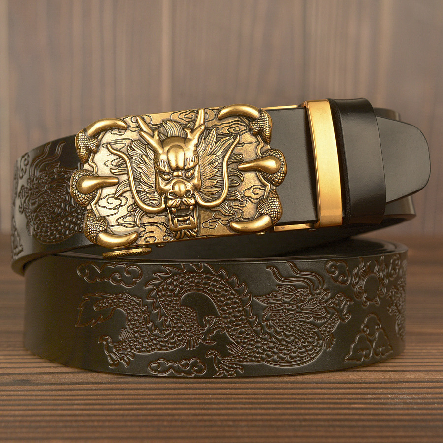 Domineering Dragon Men's Belt Leather Double Dragon Playing Pearl Automatic Buckle Belts Pants Fashion Personality Gold and Silver Classic D