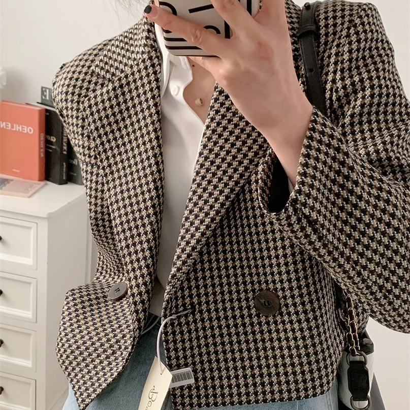 Spring Autumn Womens Vintage Plaid Crop Blazer Top Chic Elegant Office Wear Outwear Ladies Streetwear Suit Jacket 220810