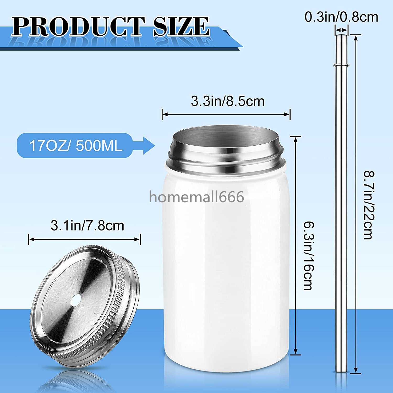 Sublimation Blank Jar Tumbler 17 Oz/ 500 Ml White Wide Mouth Stainless Steel Cups Tumbler with Screw-top Lids and Straws for Sublimation Oven Mug Press Machine AA
Sublimation Blank Jar Tumbler 17 Oz/ 500 Ml White Wide Mouth Stainless Steel Cups Tumbler with Screw-top Lids and Straws for Sublimation Oven Mug Press Machine AA