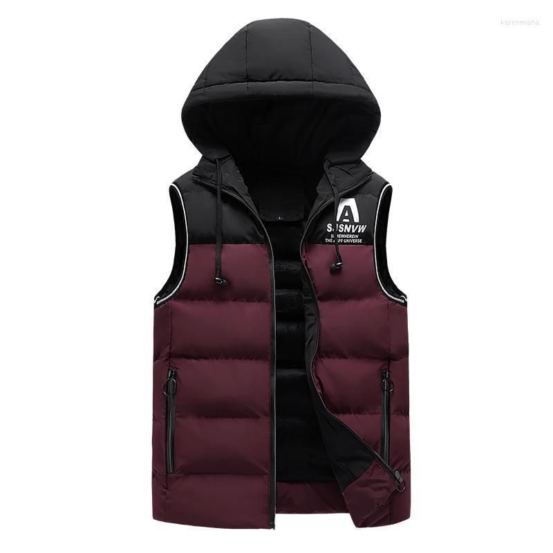 Men's Vests 2022 Brand Vest Jacket Men Winter Fleece Warm Sleeveless Fashion Hooded Casual Autumn Thicken Waistcoat Kare22, Red and black