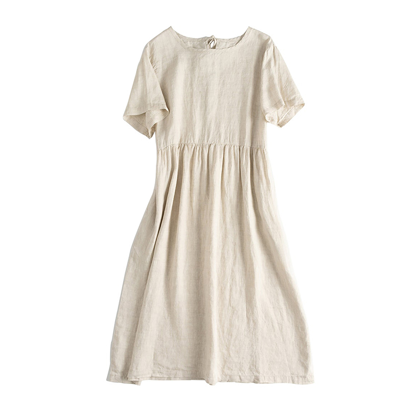 Summer Cotton Linen Women Dresses Vintage Short Sleeve Casual Loose Back Bandage Harajuku Party Club Dress With Pockets 220613