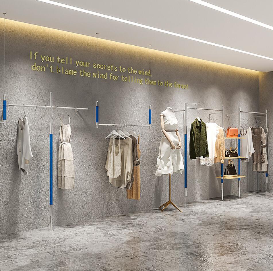Clothing store display rack Commercial Furniture women's wear wall hanging racks stainless steel floor type blue acrylic show shelf