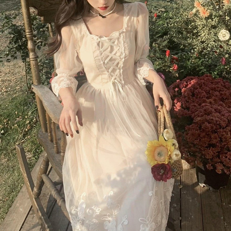 Spring Lace Sweet Elegant Dres Evening Party Dress Korean Kawaii Short Sleeve Dress Female Square Collar D220611