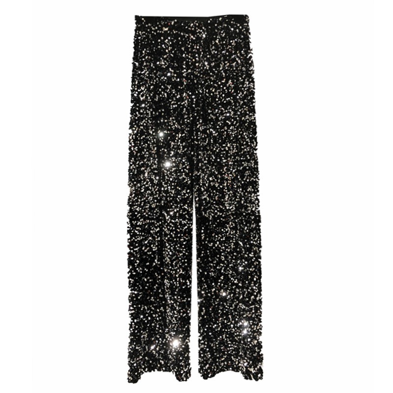 Autumn and Winter Woman Thickening Velvet Sequined Wide-Leg Long Pants Draping Mopping Shiny Straight-Leg Trouser 220325
