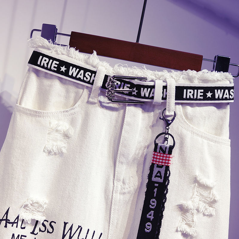 Women skirt White Denim Long skirts Letter print Korean style Fashion Hole Oversize Plus size female skirts 220701