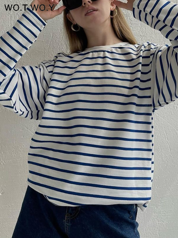 WOTWOY Casual Striped Oversized T Shirt Women Autumn Soft Cotton Tee Female Long sleeved Basic Loose Knitted Tops 220728