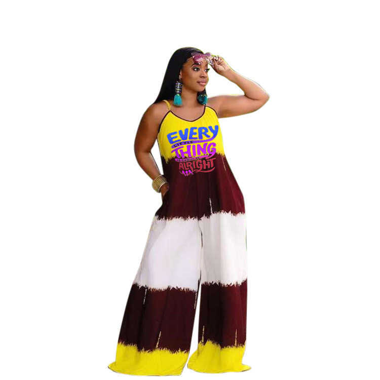 large women's letter printed pocket suspender Jumpsuit XL-5XL