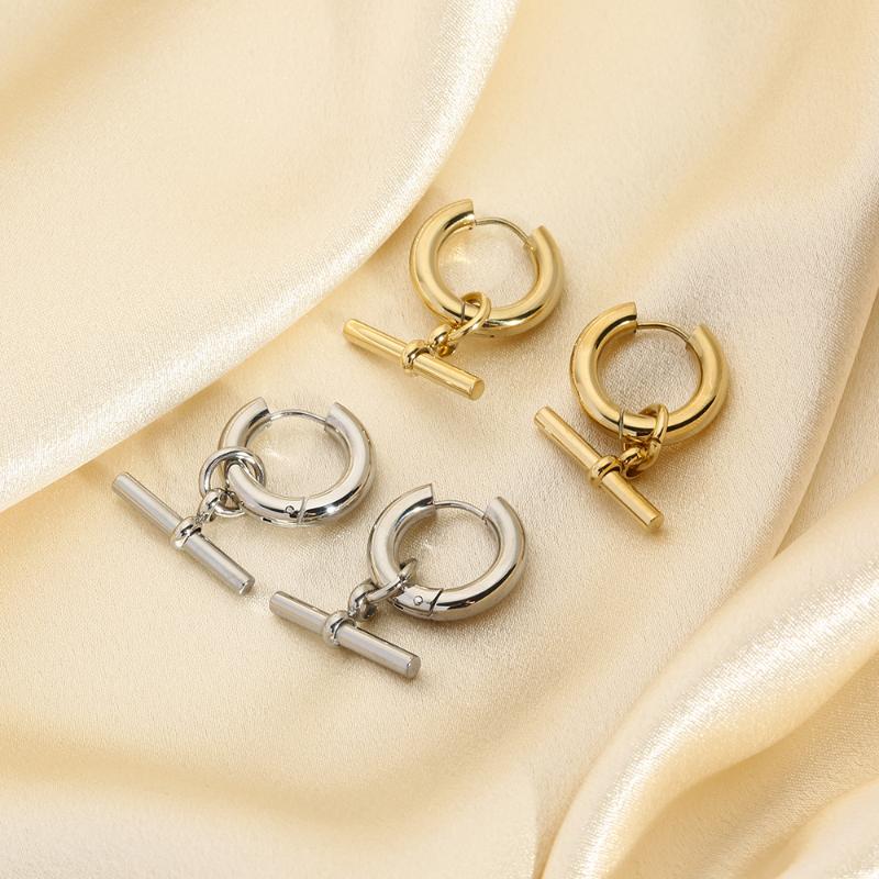 Hoop & Huggie Stainless Steel T-bar Hanging Earring Waterproof Jewelry Gold Color Chunky Earrings For WomenHoop