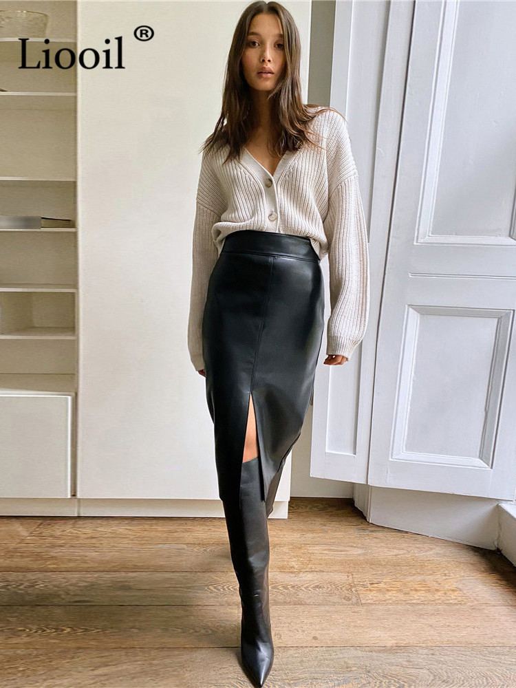 Women Faux Leather Slit Pencil Office Skirt Autumn Spring Streetwear High Waist Black Brown Sexy Bodycon Midi Skirts 220322