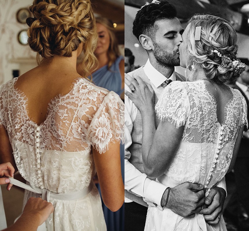 Boho Sheer Lace V-Neck Beach Wedding Dress Cap Sleeves Custom Made A Line Romantic Buttons Rustic Garden Bridal Gowns Vestido de Novia Robe Mariee