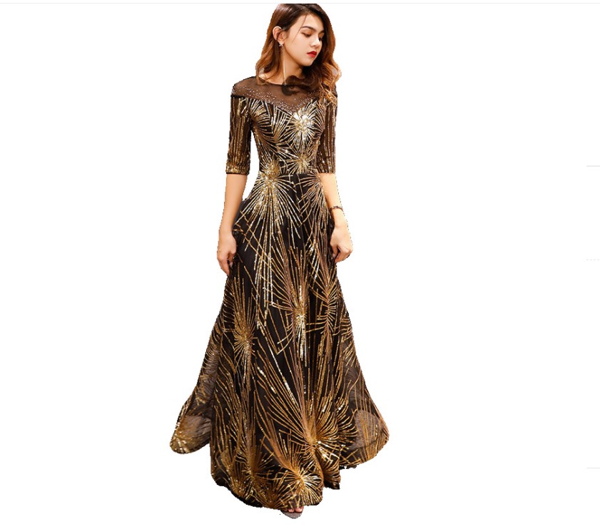 Robe De Soiree Evening Dress 2022 Gold Sequined Crystal O-Neck Black Floor-length Dinner Gowns