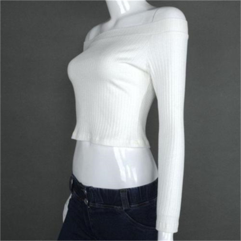 Women Off Shoulder Crop Top T Shirts Long Sleeve Short shirts For Clothing Fashion Black shirt Tops Tees Korean Style 220714