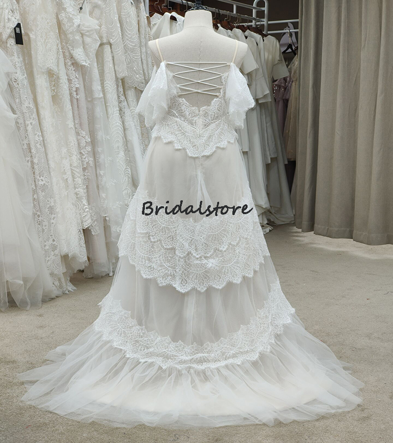 Chic Fairy Boho Lace Wedding Dress 2022 A Line Spaghetti Straps Cupcakes Beach Robe De Mariée Corset Back Civil Hippies Bohemian Country Bride Dresses