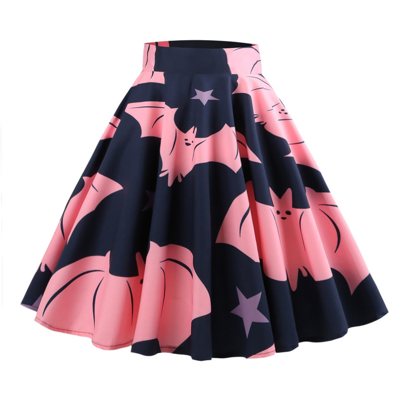 Retro Ghost Bat Print Halloween Skirt 50s High Waist Hepburn Vintage Christmas Jurken Long Cotton A-Line Party Women's Clothing 220317