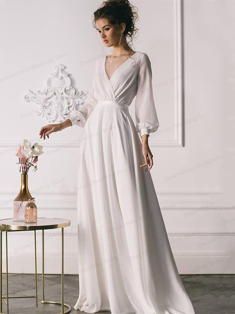 Simple Long Sleeves Chiffon Wedding Dress 2022 V-Neck Floor-Length For Bride Robe De Mariée Custom Made Behomia Vestidos De Noiva