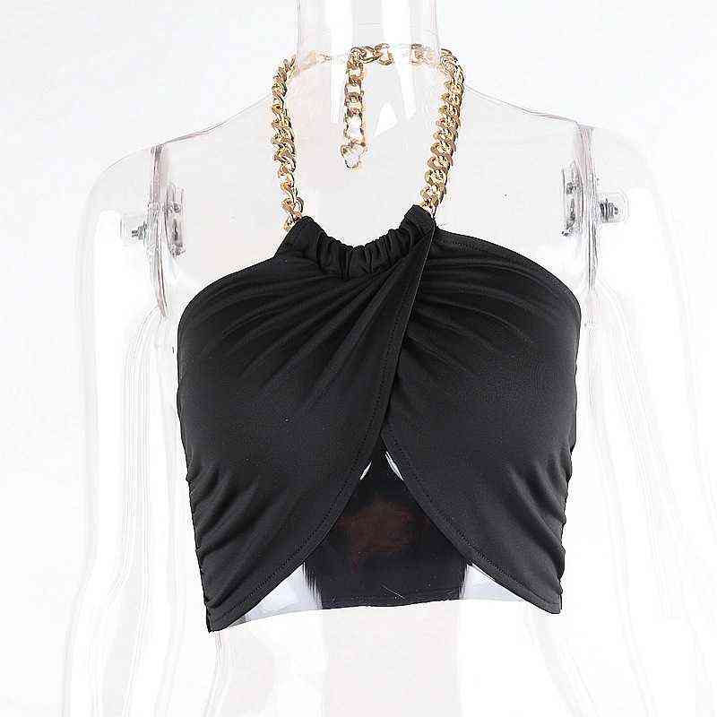 Summer Fashion Chic Halter Chain Crop Tops for Women Backless Cropped Feminino Black Wrap Top 2021 Streetwear G220414