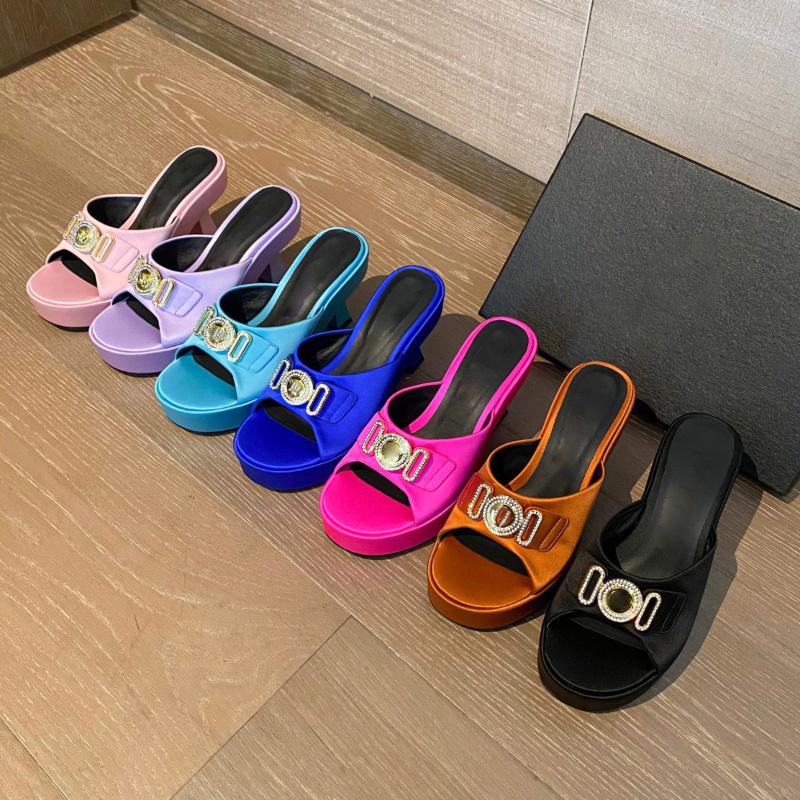 

Meduza embellished platform heeled sandals slippers mules satin slides high chunky Heels slip-on Round open toes for women Luxury Designers shoes factory footwear, Pink