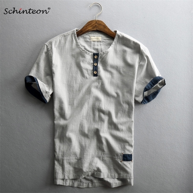 Schinteon Men Casual Cotton Linen Shirt Pullover Summer Thin Short Sleeve ONeck Collar Comfortable New Chinese Style
