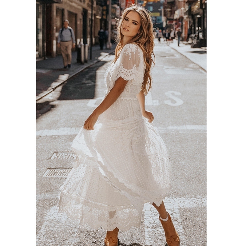 Hollow Out White Dress Sexy Women Long Lace Dress Cross SemiSheer Plunge VNeck Short Sleeve Lace Maxi Dress 220527