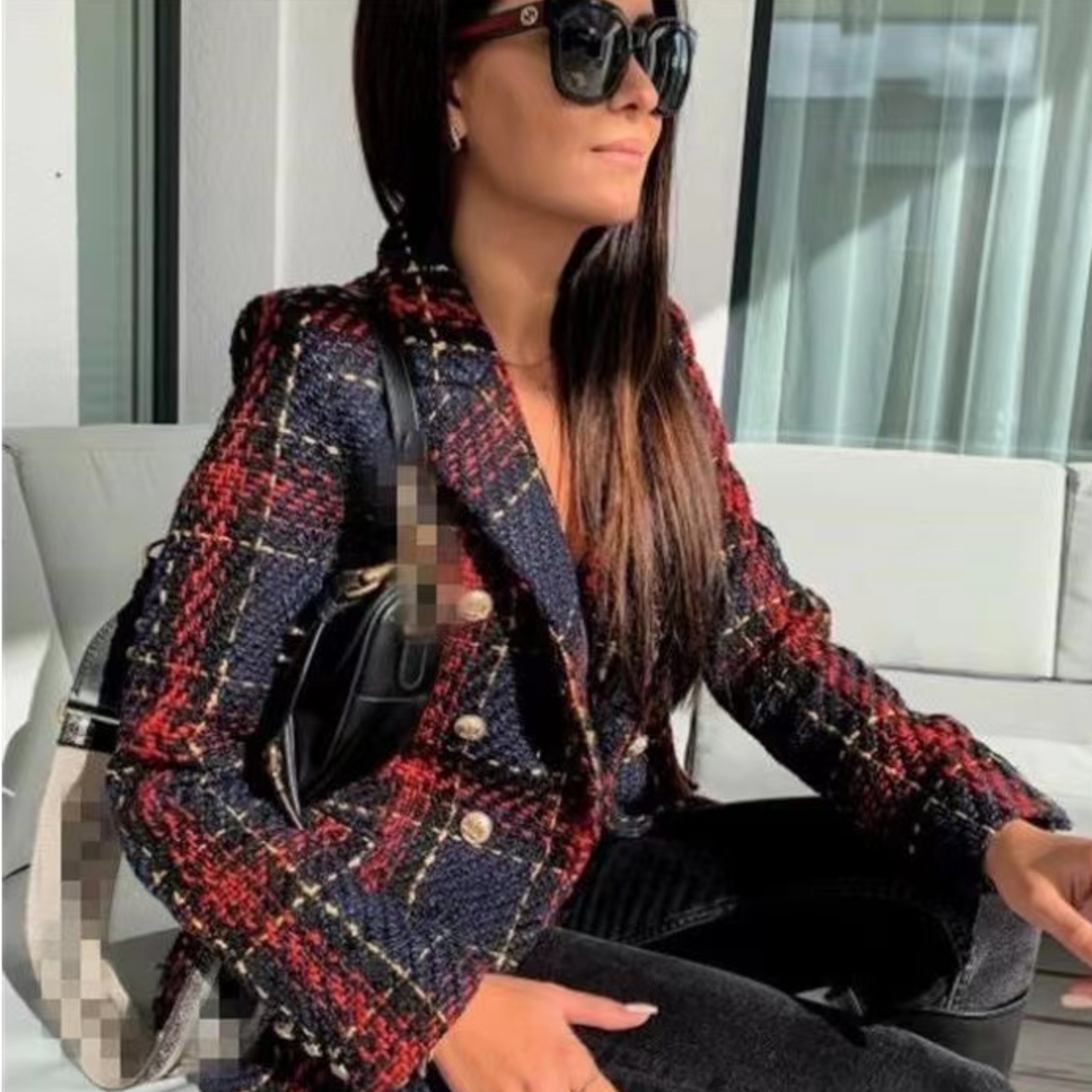 B789 Womens Suits & Blazers Premium New Style Top Quality Original Design Women's Classic Double-Breasted Metal Buckle Blazer Check Textured Plai