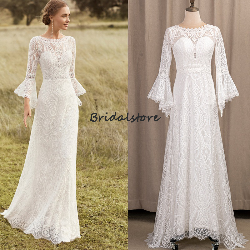 Bell Sleeve Lace Boho Wedding Dress 2022 White A Line Floor Length Beach Bohemian Country Bridal Gowns Backless Vintage Bride Party Real Pictures Robe