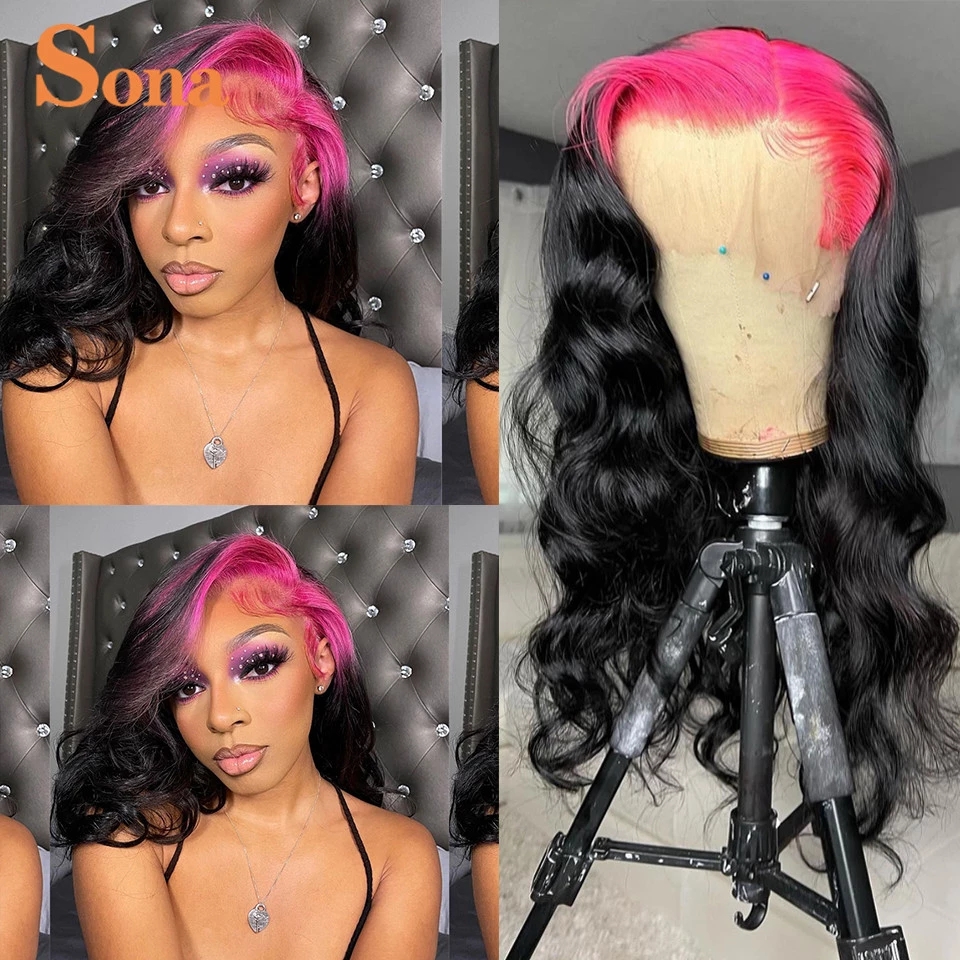Highlight Pink Body Wave Wig Pre Plucked 13X4 Synthetic Lace Front Ombre Color Transparent Cosplay Wigs For Black Women