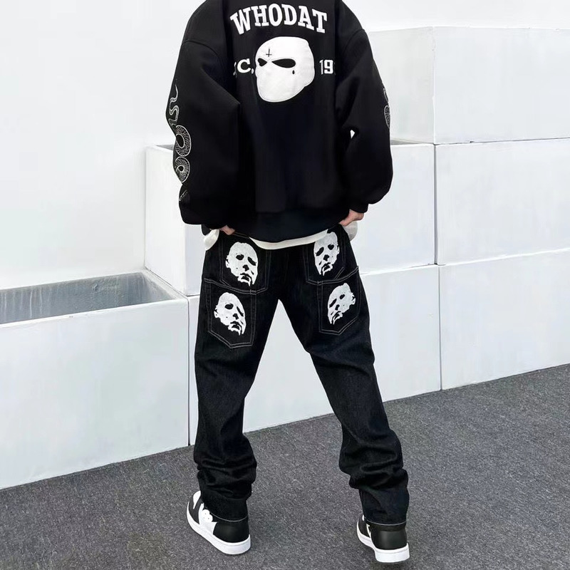 Emo Men Black Streetwear Hip Hop Skull Gothic Straight Wide Leg Cargo Pants Y2K Alt Harajuku Baggy Low Rise Jeans Clothes 220701