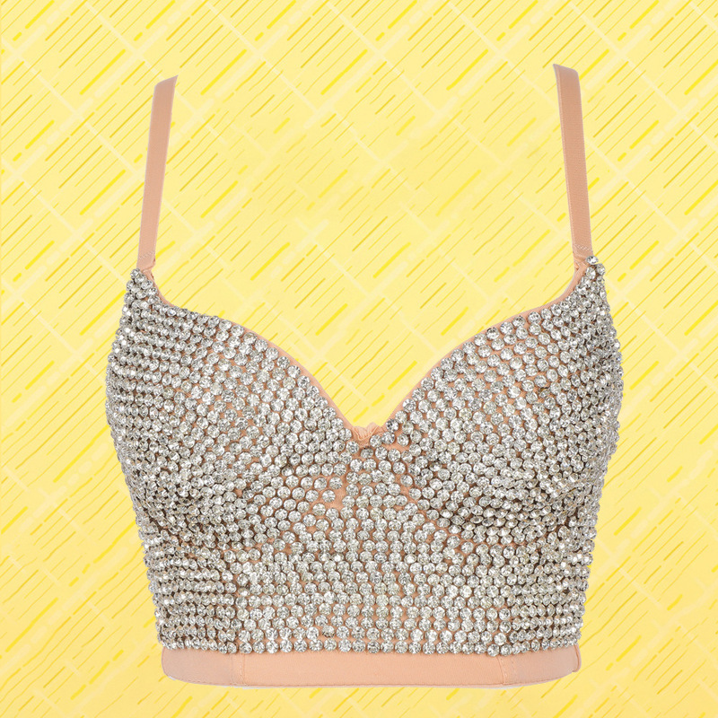 Plus Size High quality Hand-made Pearls Jewel Diamond beading Women's Sexy Bustier Bra Cropped sling Top Vest bling 220316