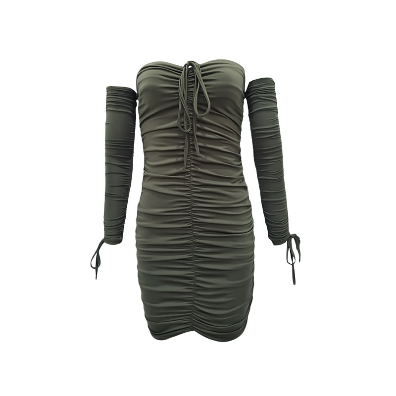 TVVOVVIN Sexy Tight Thin One Shoulder Strapless Lace Up Pleated Buttocks Long Sleeve Dress Short Fashion Korean Tops F9DO 220518