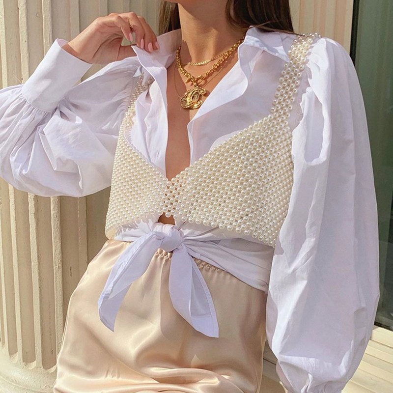 Free High Street Deep V Neck Pearl Vest Women Fashion Crop Top Ladies White Sleeveless Sexy Club Tank Blusas 220316