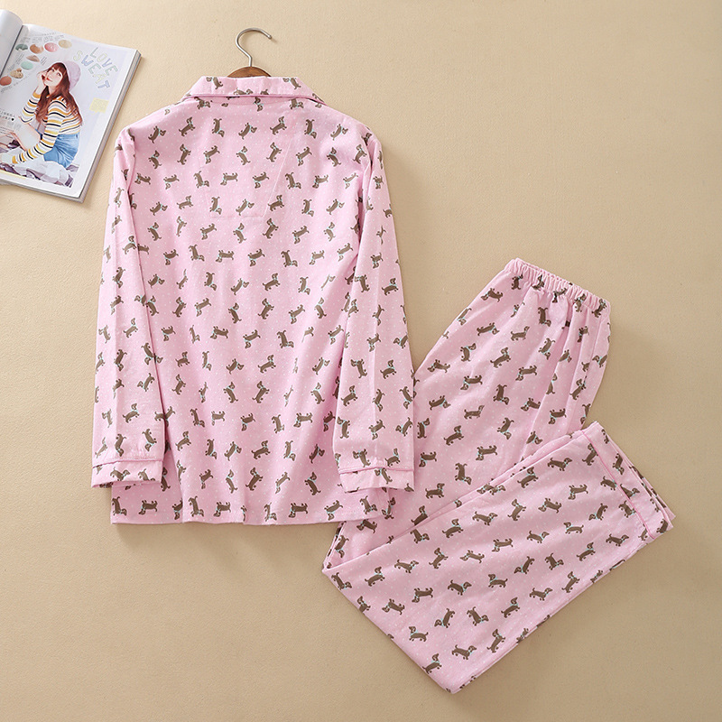 Pink Pajama Sets Women Cute Dachshund Print 2 Pieces Set Long Sleeve Top Elastic Waist Pants Brushed Cotton Thick S7N002 220329