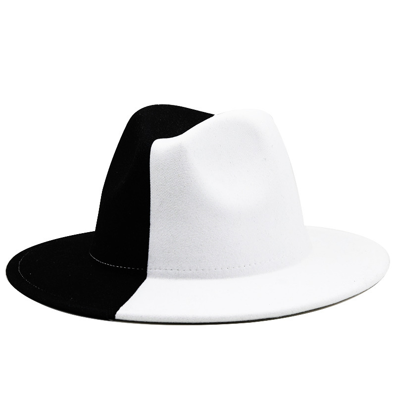 Black White Patchwork Wool Felt Jazz Fedora Hat Women Unisex Wide Brim Panama Party Trilby Cowboy Cap Men Gentleman Wedding Hat 220812