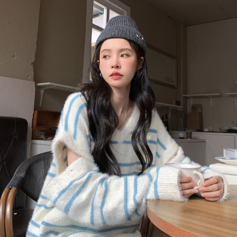 Korean Fashion Loose Winter Womens Clothing Sweater Blue Stripes V Neck Removable Sleeves Pullover Long Sleeves Knitting Tops 220817