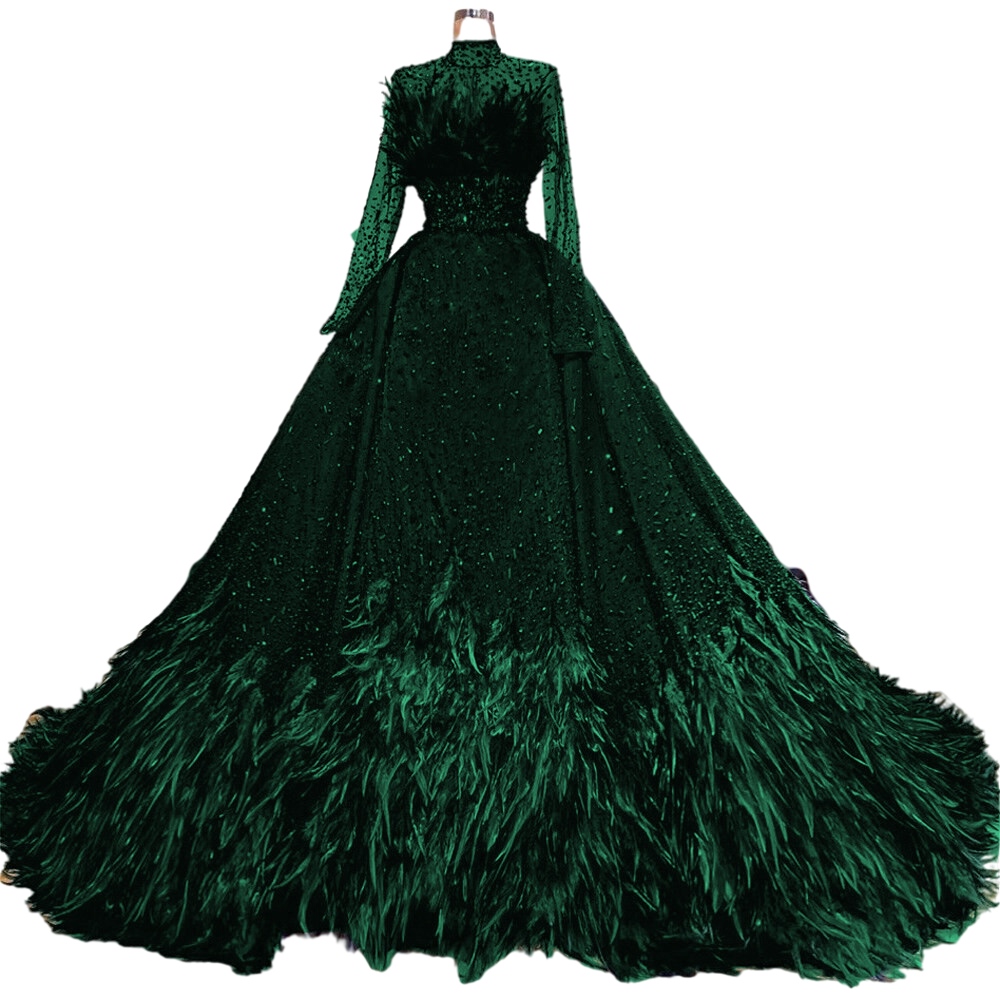 Emerald Green Crystals Evening Dresses High neck kaftan caftan Long Sleeves Feathers Celebrity Arabic Prom Dresses Vestidos De Fiesta