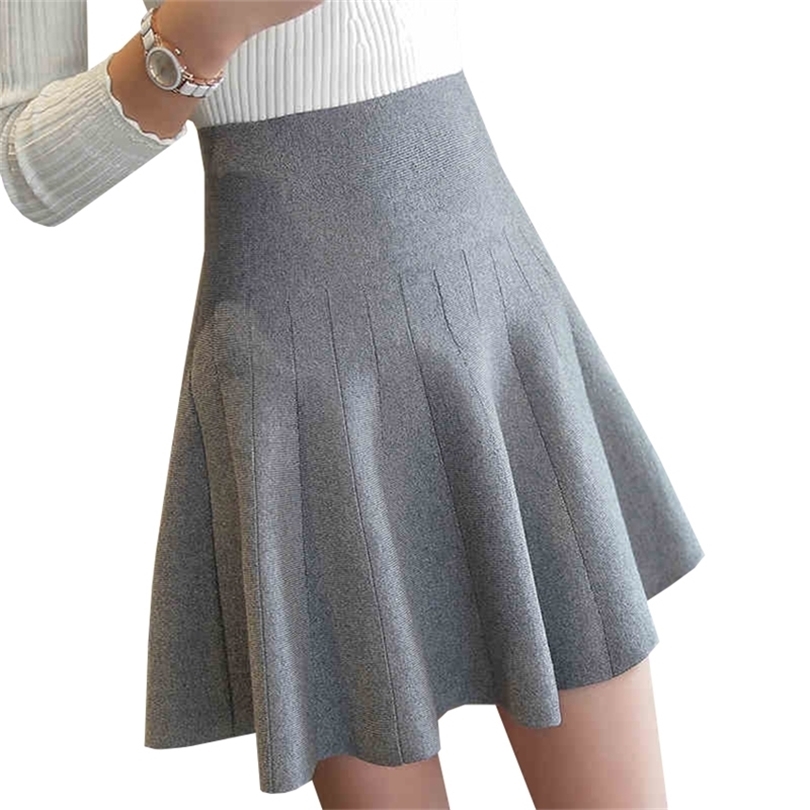New Women Knitted Skirt Autumn Winter Sexy Solid High Waist Short skirts Umbrella Pleated Skirt Ladies Elastic Mini Skirt AB525 T200106