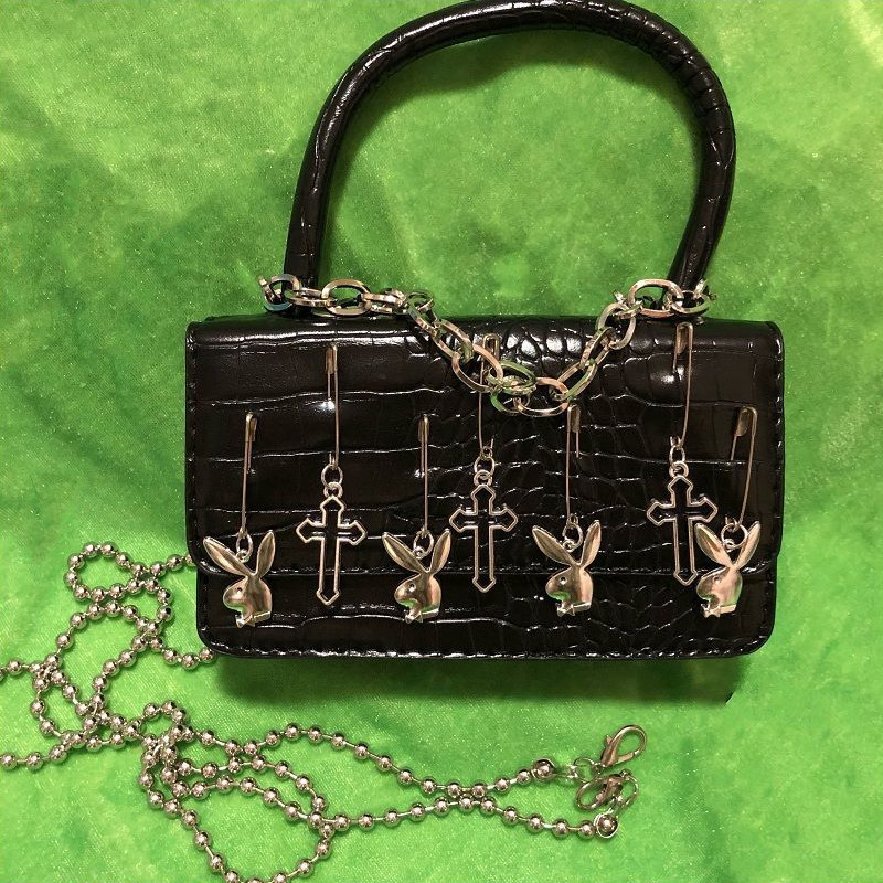Harajuku Gothic Shoulder Bag Woman Metal Punk Moto Biker Style Female Handbags Cross Paper Clip Rabbit Dark Messenger Purses 220617
