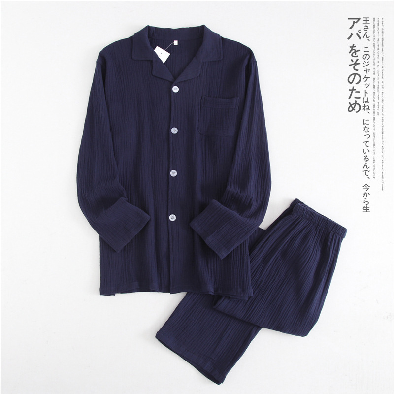 Japanese cotton crepe men's long-sleeved + trousers pajamas spring and autumn thin couple home service suit ladies 220329