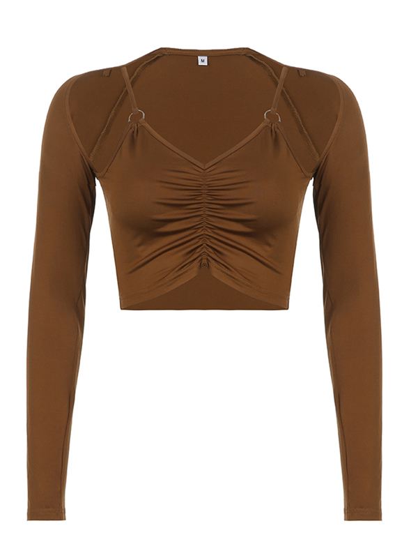 Fashion Women Crop Top T Shirts Solid Long Sleeve Deep V Neck Cropped Navel Shirt Blouse Party Spring Fall Clothes 220714