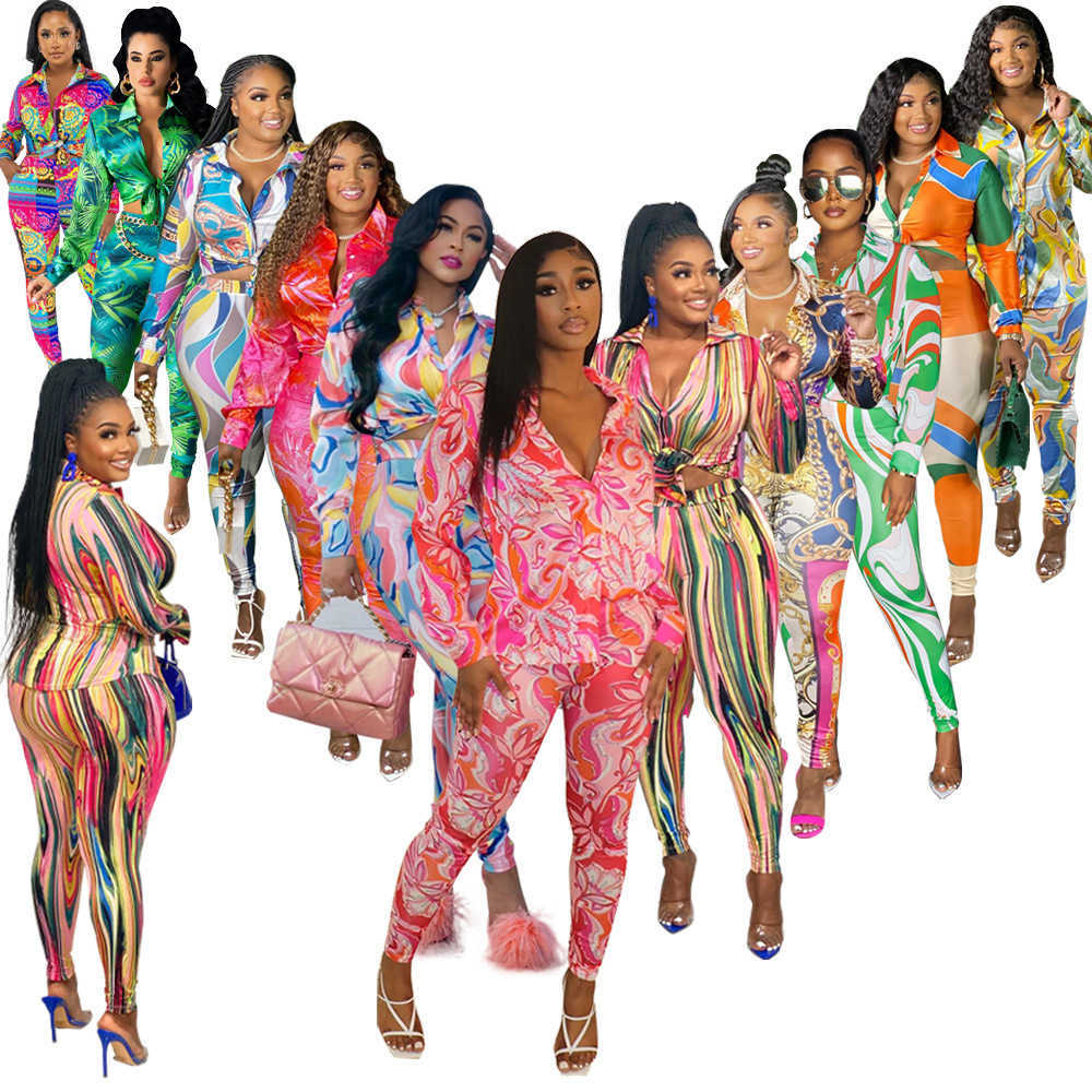 women spring and autumn winter pants fashion printing multicolor long sleeved shirt pants home leisure suit