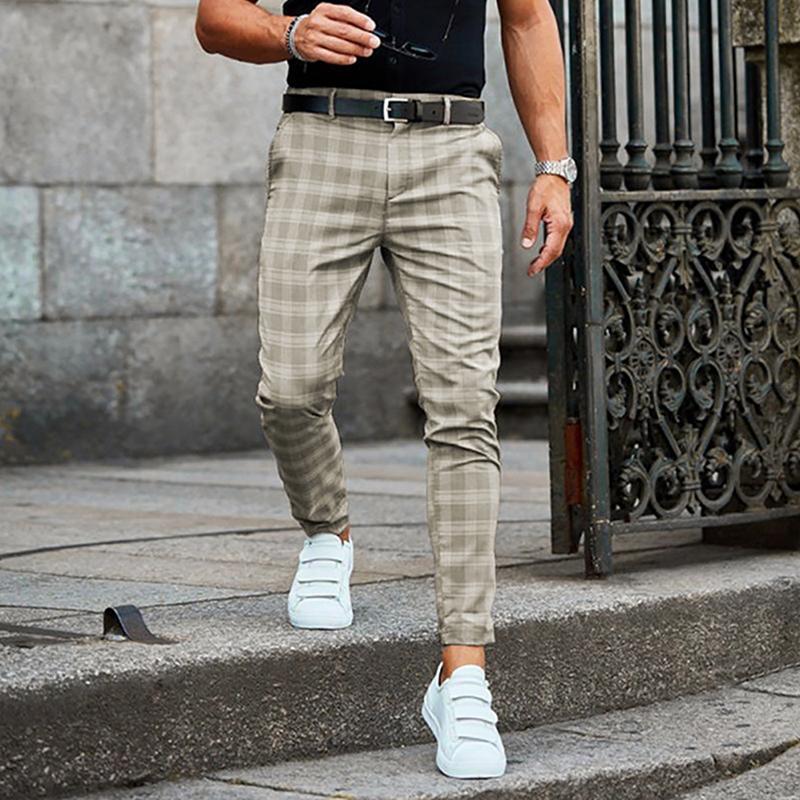Mens Plaid Check Casual Trousers Skinny Stretch Chinos Slim Fit Pant For Stylish Gentlemen