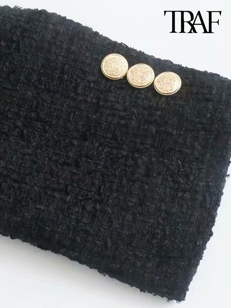 Fashion TRAF With Women Metal Button Tweed Blazer Coat Vintage Long Sleeve Flap Pockets Female Outerwear Chic Veste 2