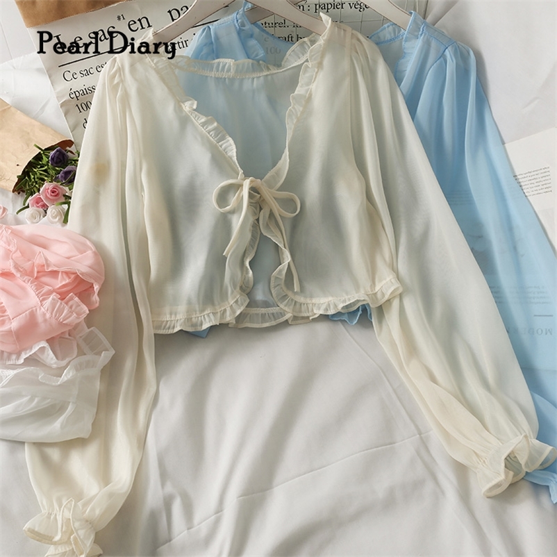 Pearl Diary Women Sheer Chiffon Beach Cover Up Top Long Sleeve See Through Summer Ruffle Neckline Tie Front Casual Cute Tops 220516