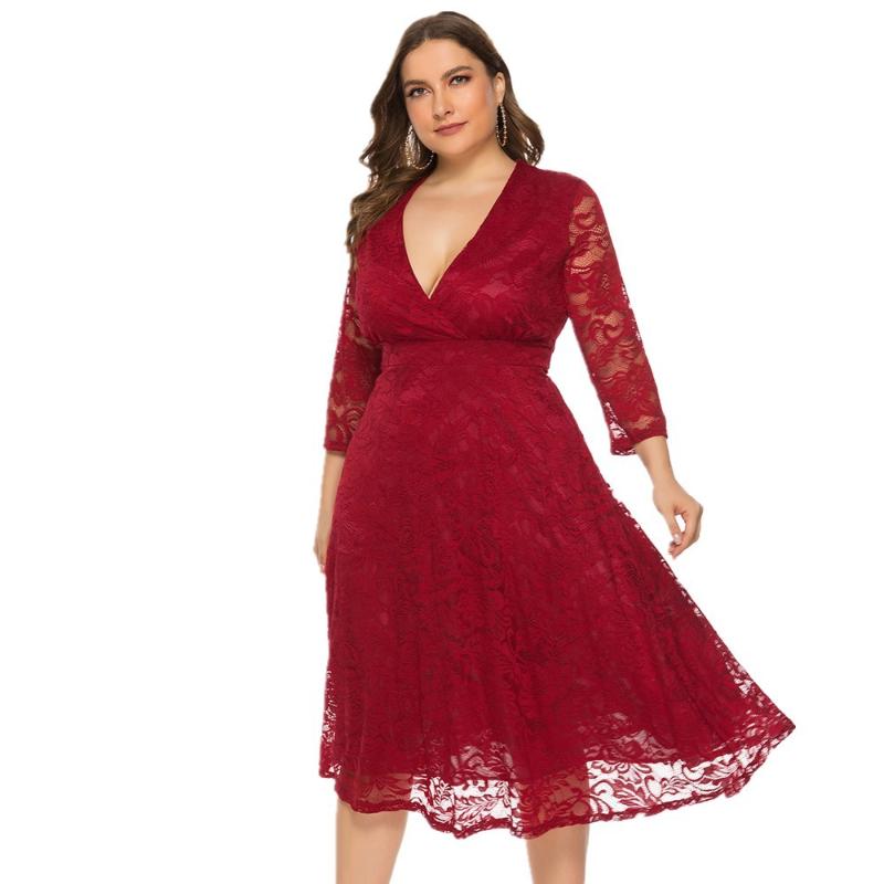 Plus Size Dresses Lace Dress Solid Color V Neck Sexy Evening Swing Midi Skirt Cutout Red Party Spring Summer 2022
Plus Size Dresses Lace Dress Solid Color V Neck Sexy Evening Swing Midi Skirt Cutout Red Party Spring Summer 2022