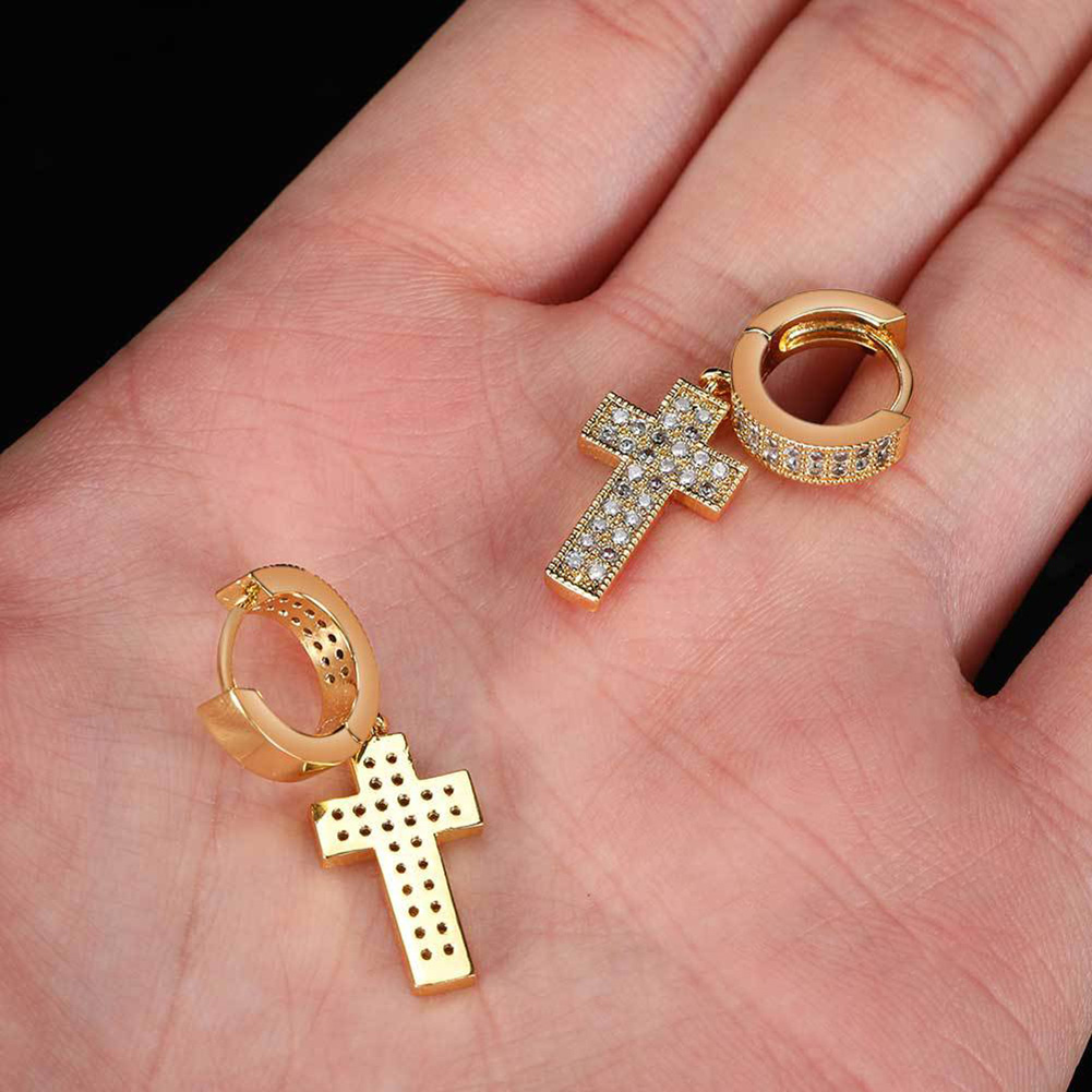 Hip Hop Cross Dangle Earrings TopBling White Zircon Hoop Earrings 18K Real Gold Platinum Plated Jewelry