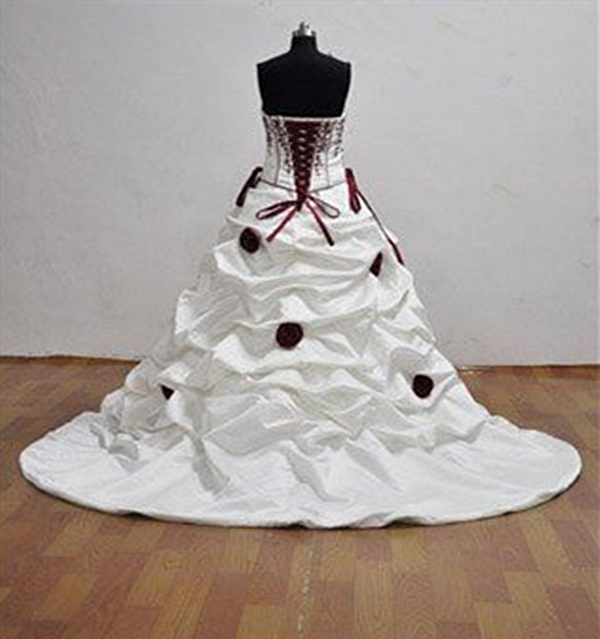 Vintage White And Burgundy Wedding Dress Aline Flowers Ruched Lace-Up Embroidery Bridal Gowns