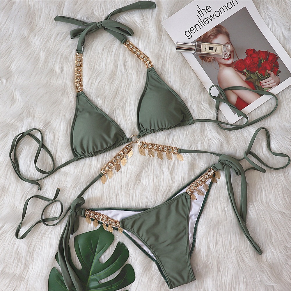 Sexy Mini Bikini Tie Dye Swimwear Women Metal Chain Patchwork Bathing suit Triangle Bikinis New Swimsuit Brazilian biquinis