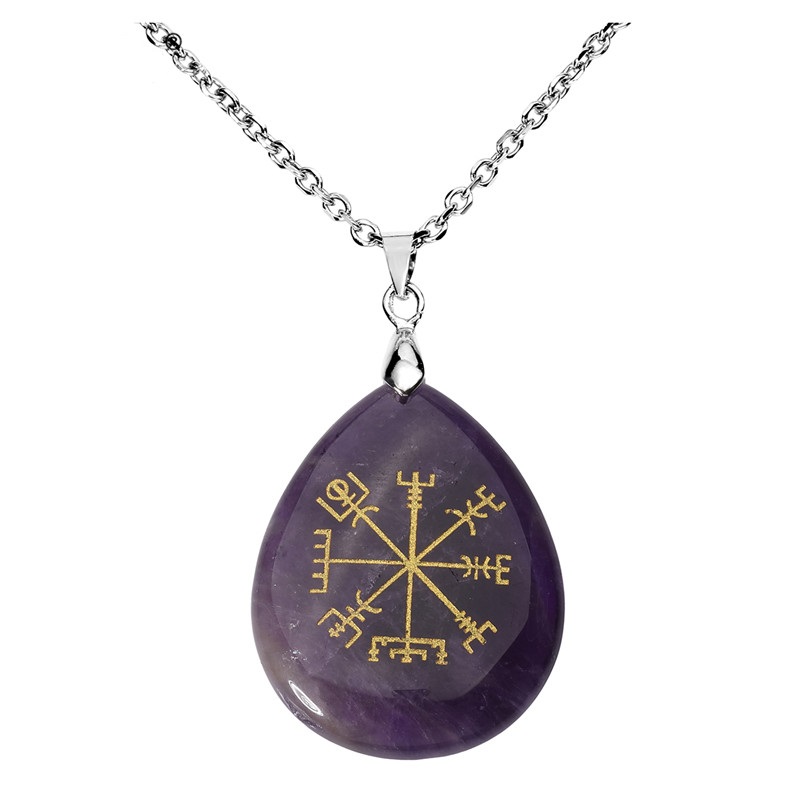 Viking Symbol Rune Vegvisir Compass Talisman Chakra Reiki Healing Crystal Teardrop Tumbled Gem Stone Pendant Necklace Jewelry